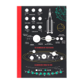 Notebook with space‑themed diagrams, including moon phases, planets, and a rocket on the cover.