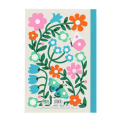 Notebook with colourful illustrated flowers, leaves, and butterflies on the back cover.