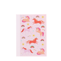 Pink A6 notebook with colourful unicorns, rainbows, stars, and suns on the cover.