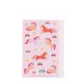 Pink A6 notebook with colourful unicorns, rainbows, stars, and suns on the back cover.