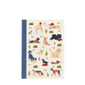 A6 notebook with illustrated dogs in a park scene on the cover.