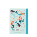 A6 notebook with illustrated mermaids, sea creatures, and shells on the back cover.