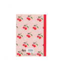 Pink A6 notebook with cherry design on the back cover.