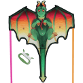 Giant dragon‑shaped kite with colourful wings and a long tail, shown with its green handle and flying line.