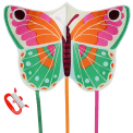 Colourful butterfly‑shaped kite with long trailing ribbons and a red handle with flying line.