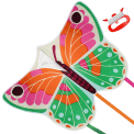 Colourful butterfly‑shaped kite with long trailing ribbons and a red handle with flying line.