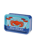 Blue mini storage tin with an illustrated crab on the front.