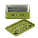 Open mini storage tin with the lid beside it, featuring an illustrated olive oil.