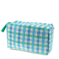 Blue and green gingham quilted washbag with a zip and tassel.