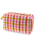 Pink and yellow gingham quilted washbag with a zip and tassel.