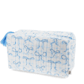 Light blue quilted washbag with a bow pattern and tassel.