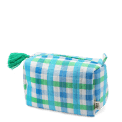 Blue and green gingham quilted makeup bag with a zip and tassel.