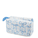 Light blue quilted makeup bag with a bow pattern and tassel.