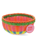 Round woven basket made of brightly coloured plastic with tag.