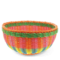Round woven basket made of brightly coloured plastic.