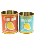 Two mango-themed storage tins, one orange and one blue, each with a mango illustration.