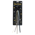 Black glitter star wand with long ribbons on star-patterned cardboard backing.