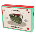 Portable charcoal grill with metal grate and foldable legs shown with packaging