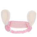 Pink plush fabric hairband with soft white bunny ears.
