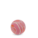 Pink bouncy ball with white and orange swirling pattern.