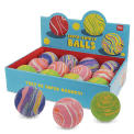 Display box of colourful marbled bouncy balls with swirling patterns 