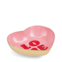Heart-shaped pink trinket dish with red “LOVE” text