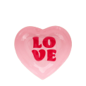 Heart-shaped pink trinket dish with red “LOVE” text