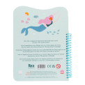 Back of mermaid sticker book with safety warnings in multilingual