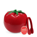 Tomato-shaped red ice bucket with green lid and matching serving tongs.