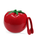 Tomato-shaped red ice bucket with green lid and matching serving tongs.