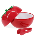 Tomato-shaped red ice bucket with lid and matching serving tongs.