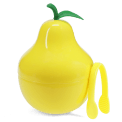 Yellow pear-shaped ice bucket with green leaf lid and matching tongs.