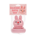 Pink silicone bunny bath toy with upright ears and simple face, in a packaging