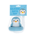 Blue silicone bunny bath toy with upright ears and simple face, in a packaging