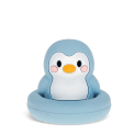 Blue silicone bunny bath toy with upright ears and simple face, in round base