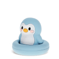 Blue silicone bunny bath toy with upright ears and simple face, in round base
