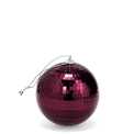 disco ball covered in reflective plum purple tiles, with a string attached at the top for hanging.