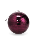 disco ball covered in reflective plum purple tiles, with a string attached at the top for hanging.