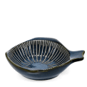 Blue ceramic fish-shaped dish with striped pattern and handle