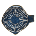 Blue ceramic fish-shaped dish with striped pattern and handle