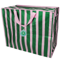 Green and pink striped jumbo storage bag with handle and a tag.