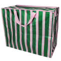 Green and pink striped jumbo storage bag with handle.