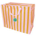  Pink and yellow striped reusable storage bag with handles and a tag.