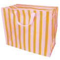 Pink and yellow striped reusable storage bag with handles.
