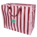 Pink and brown  striped reusable storage bag with handles and a tag.