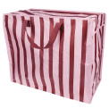 Pink and brown  striped reusable storage bag with handles.