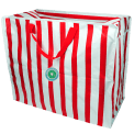 Blue and red striped reusable storage bag with handles and a tag.