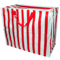 Blue and red striped reusable storage bag with handles.