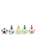 Stackable football-shaped highlighters in different colours arranged in a row.