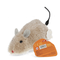 Fluffy wind-up toy mouse with soft beige fur and black tail with tag showing safety infomation.